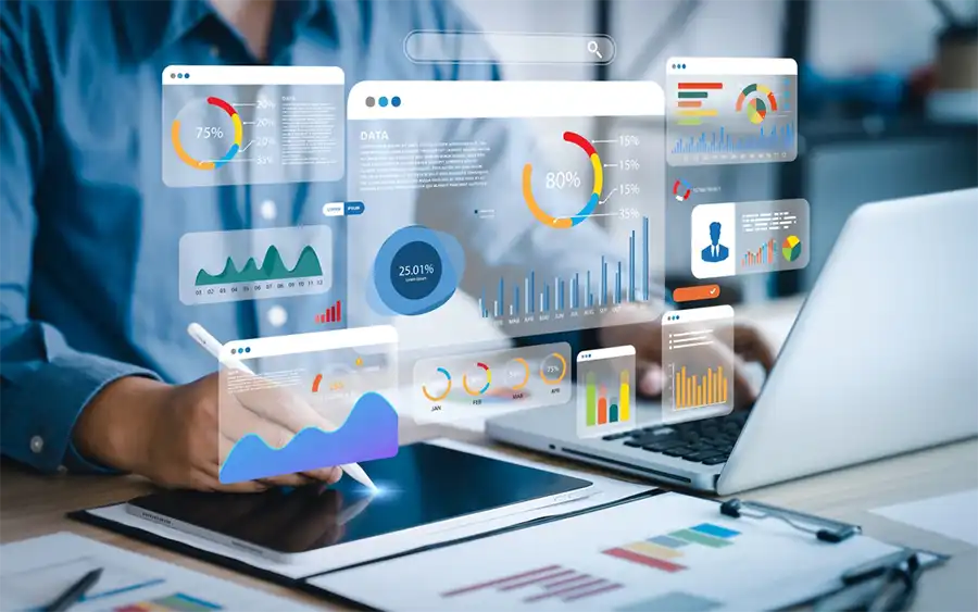 An,Analyst,Uses,A,Computer,And,Dashboard,For,Data,Business Business team analyzing financial data and marketing growth