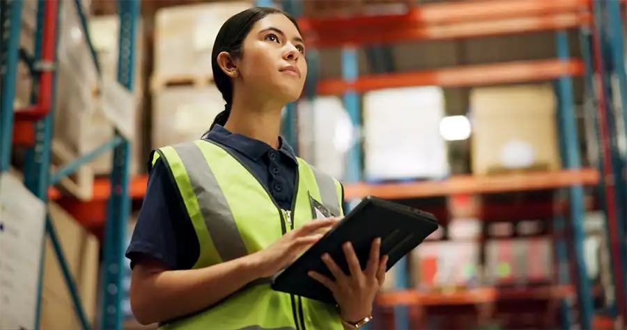 Thinking,,Warehouse,And,Woman,On,Tablet,For,Inspection,,Inventory,And